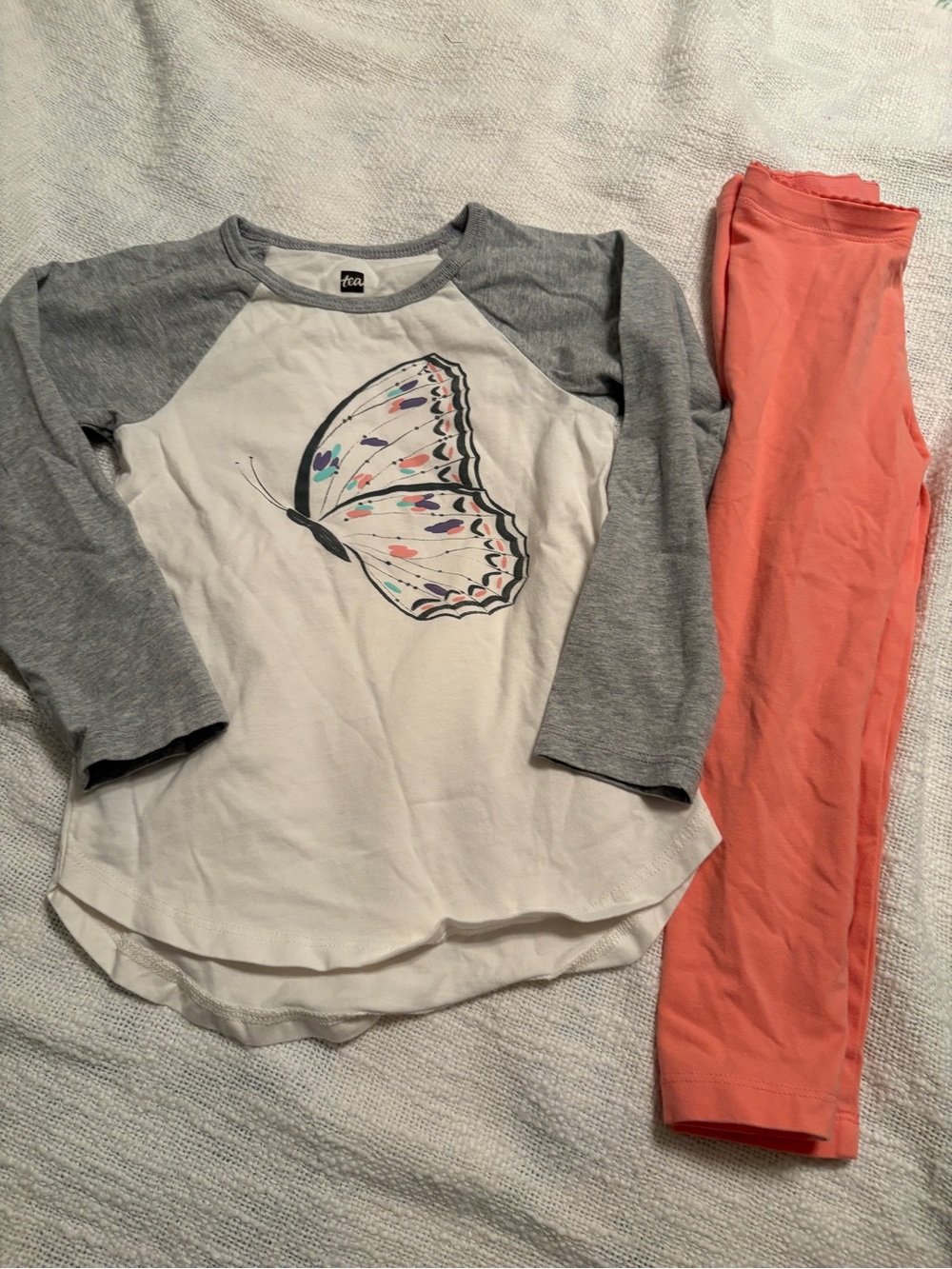 Tea Collection Girls' Butterfly Raglan Top & Coral Leggings Set size 4